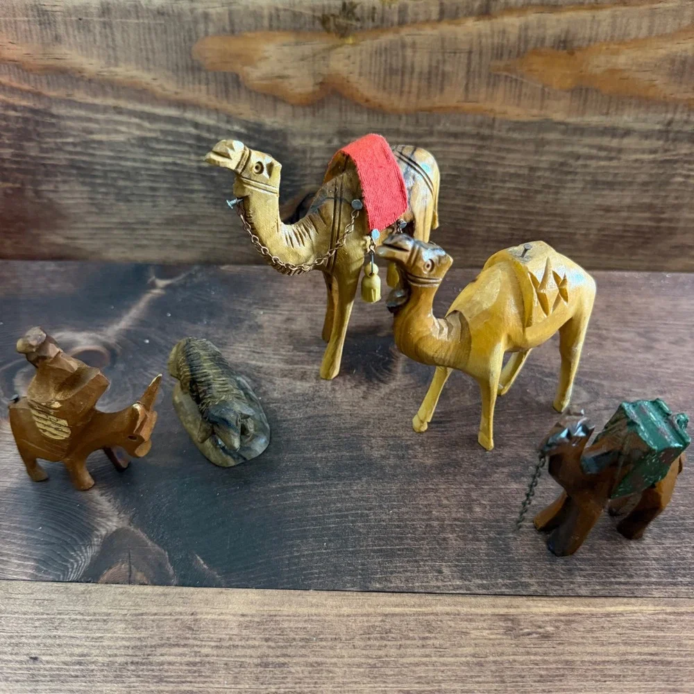 Vintage Hand Carved Olive Wood Nativity Animal Figurines Set of 5 Camels Donkey